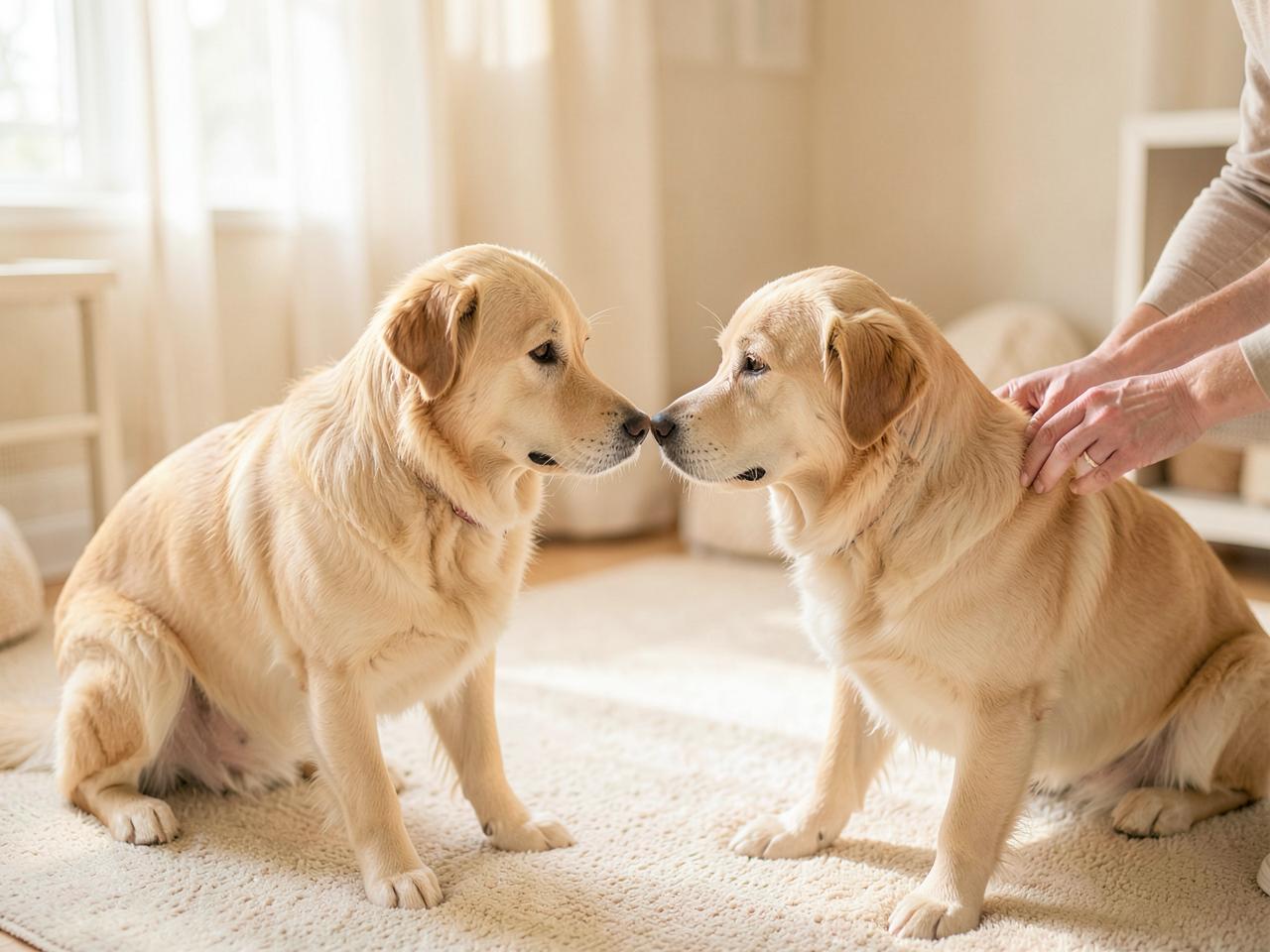 Dois cães se conhecendo de forma tranquila com acompanhamento da equipe