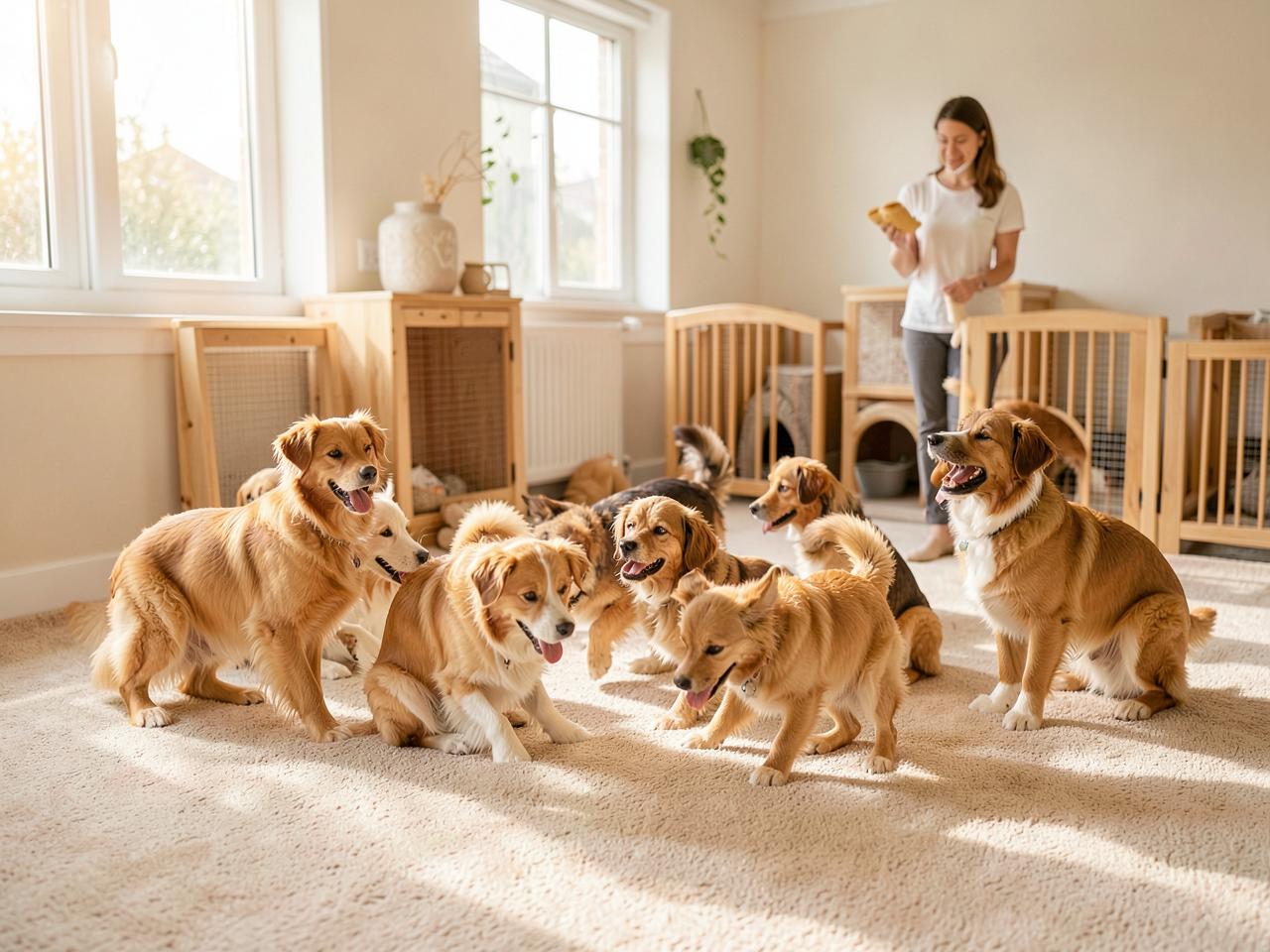 Cães brincando em ambiente seguro com acompanhamento da equipe